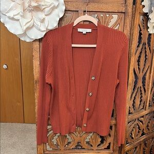 LOFT Women's Rust Orange Ribbed Button-Front Cardigan